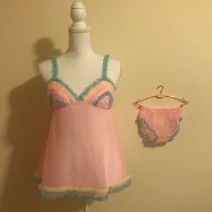 Vintage Texsheen Pink Ruffled Babydoll + Panty Set